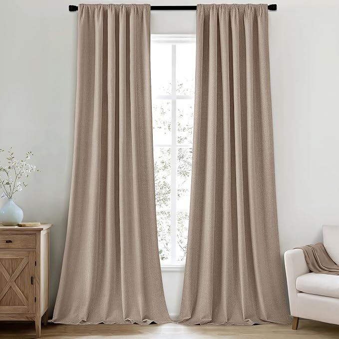 MIULEE 100% Blackout Back Tab Pleat Linen Curtains 50" Wx96 L, Copper Brown | 2 by MIULEE