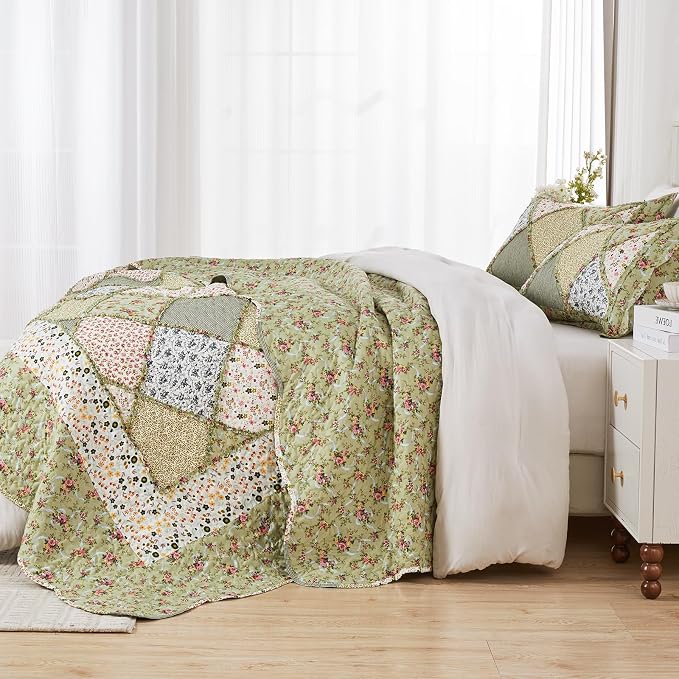 King Size Quilt Set Green Floral Patchwork Quilted Bedspreads Coverlet Set | - Image 4