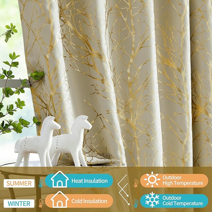 FMFUNCTEX 100% Blackout Ivory Gold Foil Tree Curtains 96 Inch Long 2 Panels | - Image 5