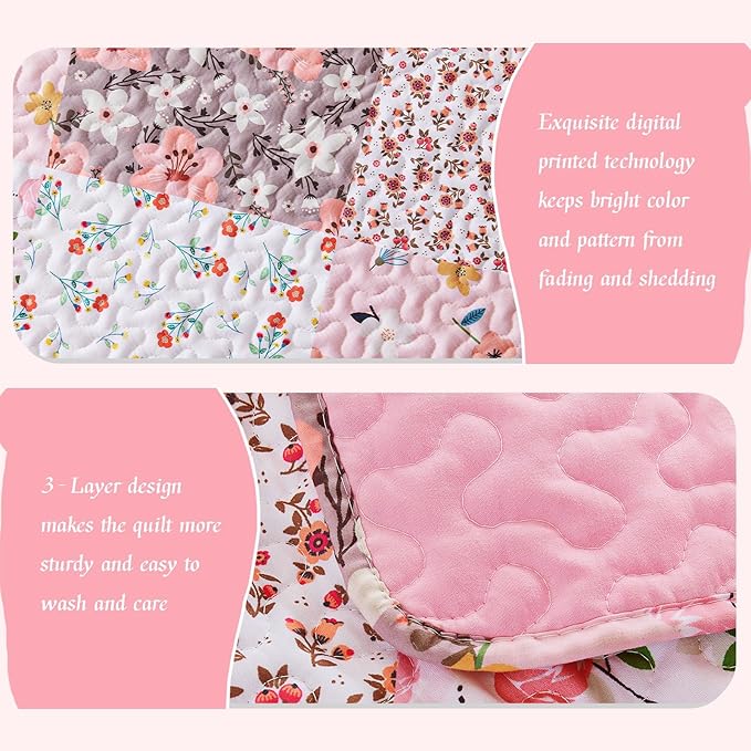 Whale Flotilla Patchwork Quilts Queen Size, Extra Soft Floral Bedspreads | Pink - Image 4