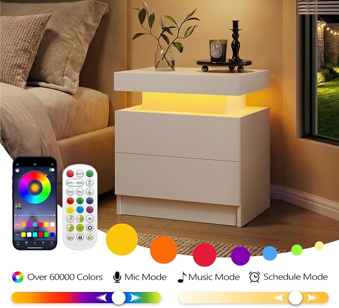 LED Nightstand with Wood 2 Drawers Modern Bedside Table - Image 6
