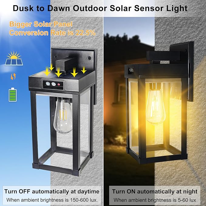 CYHKEE Solar Wall Lights Outdoor Waterproof with 3 Lighting Modes & Motion Sensor, Dusk to Dawn Exterior Porch Light fixtures, Solar Wall Lantern Fixture for Garage Patio Yard Garden