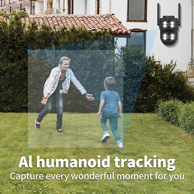dzcctvipc 2K Dual-Lens WiFi Home Security Camera, Indoor/Outdoor Use, 360° Motion Tracking, Color Night Vision, IP65 Weatherproof, Two-Way Talk, Smart Camera, Works with Alexa & Google (No SD Card)