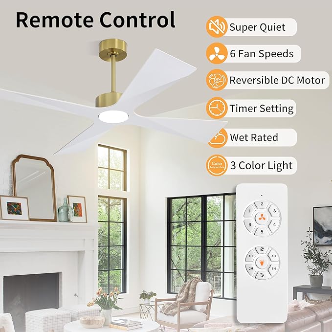 WINGBO 54" Wet Rated Outdoor Ceiling Fan with Lights, 4 ABS Plastic Blades, Reversible DC Motor, 6-Speed Remote Control, 3 CCT, Waterproof Ceiling Fan for Patio Porch Gazebo Garage, Brass and White
