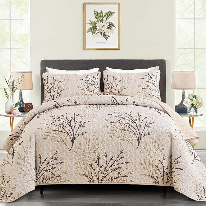 DJY Queen Size Quilt Set Beige Branch Botanical Bedspread Coverlet Set | 3 by HOME