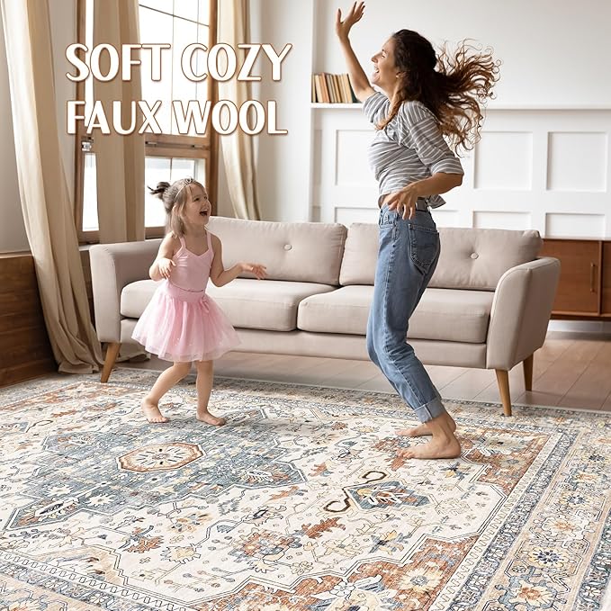 10x12 Area Rug Living Room: Washable Boho Large Neutral Vintage Soft Rugs Stain Resistant Distressed Farmhouse Non-Slip Indoor Floor Carpet for Bedroom Nursery Kids Office Dining Room- Beige Blue