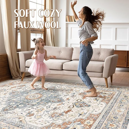 10x13 Area Rug Living Room: Washable Boho Large Neutral Vintage Soft Rugs Stain Resistant Distressed Farmhouse Non-Slip Indoor Floor Carpet for Bedroom Nursery Kids Office Dining Room- Beige Blue