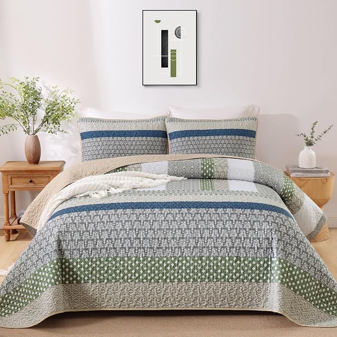 WONGS BEDDING King Quilt Set Khaki Green, 3 Pieces Striped Bedspread | Ultra - Image 5