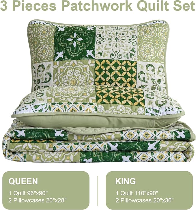 Dobuyly Green Quilt Set Queen Size, Boho Sage Green Plaid Patchwork Bedspreads - Image 7