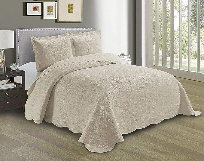 Linen Plus Embossed Coverlet Bedspread Set Oversized Solid Beige Full/Queen Bed by Linen+Plus