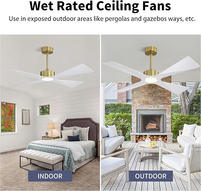 WINGBO 54" Wet Rated Outdoor Ceiling Fan with Lights, 4 ABS Plastic Blades, Reversible DC Motor, 6-Speed Remote Control, 3 CCT, Waterproof Ceiling Fan for Patio Porch Gazebo Garage, Brass and White