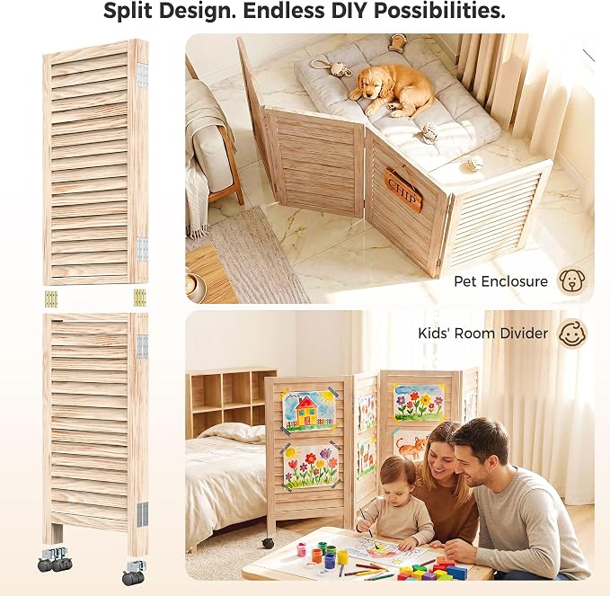 Amsleekey 4 Panel Wood Room Divider, Lockable Wheels, Freestanding Wall Divider - Image 6