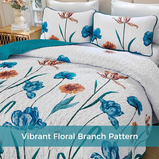WONGS BEDDING Floral Quilt Set Queen, Shabby Chic Teal Floral Botanical Pattern - Image 8