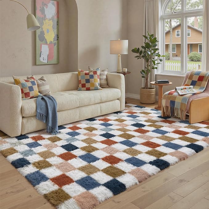 Checkered Area Rug 5x7 for Bedroom Soft Fluffy Shag Carpet | Machine Washable by PureCozy