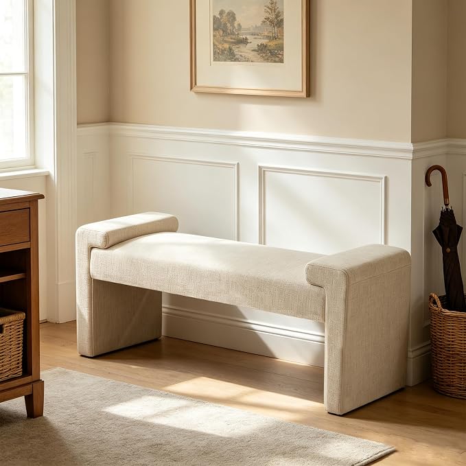 Upholstered Entryway Bench, Camel | Curved Armrests, Solid Wood Frame, End of by CACFTII