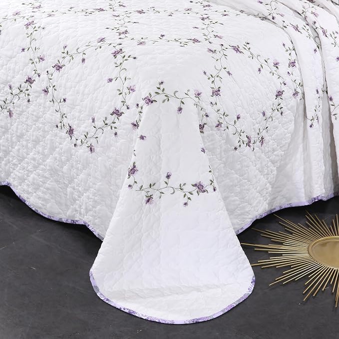 Quilt Set Purple Floral 3D Embroidery Pattern 3 PCS 100% Cotton Reversible - Image 8