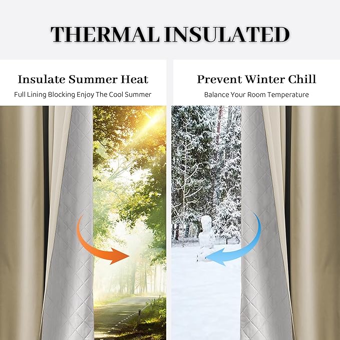 3-in-1 100% Blackout Curtains 90 Inches Long, Thermal Insulation, Soundproof Back Tab Drapes for Bedroom Living Room Sliding Glass Door, with Pin Hooks, Beige 50x90Inch 1 Panel