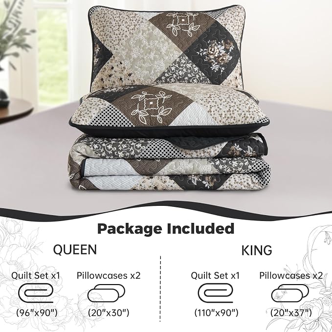 Dinjoy Patchwork Quilt Set Queen Size, Boho Bedding Set, Reversible Summer - Image 5