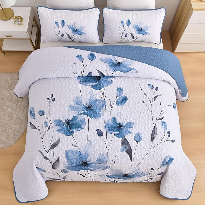 Mybedsoul King Size Quilt Set Blue, Reversible Polyester Coverlet Set - Image 3