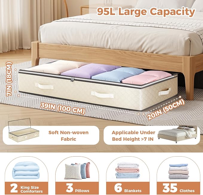 95L Under Bed Storage Containers, 2 Pack Beige | Underbed Storage Bags - Image 3