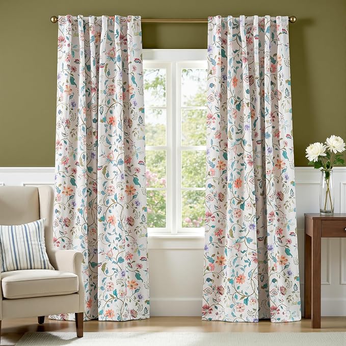jinchan Beige Floral Blackout Curtains 84 Inch Back Tab 2 Panels Set | Room - Image 2