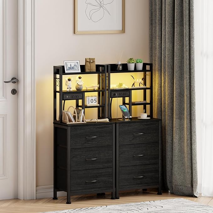 Black Nightstand with Bookshelf, Tall Bedside Table & Night Stand | 3 Fabric - Image 2