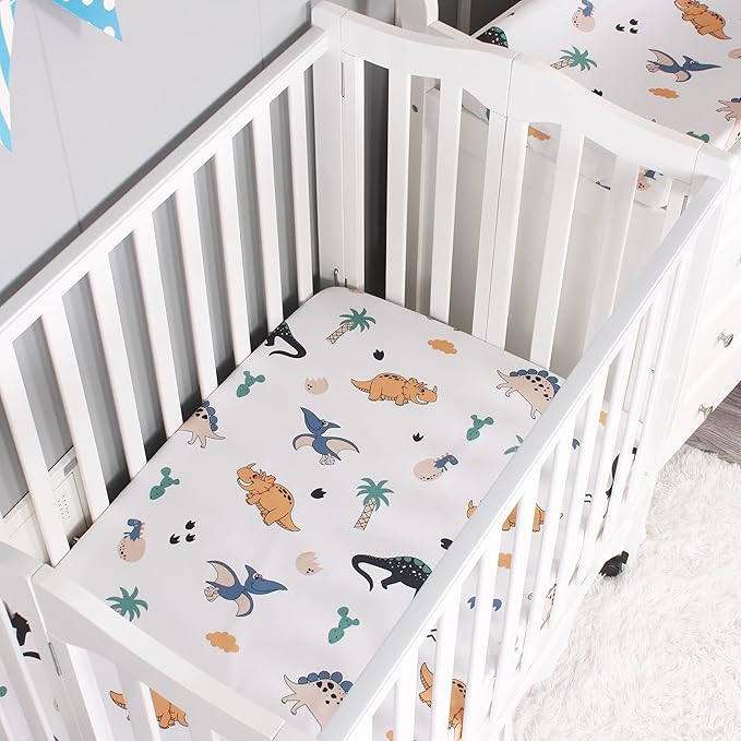 Belsden Pack of 3 Mini Crib Sheet Set, Pack N Play Sheet Set for Baby Boys and Girls, Cloudy Soft Touch and Machine Washable, Fitted Playard/Portable Crib Sheet, Dino & Navy & Gray