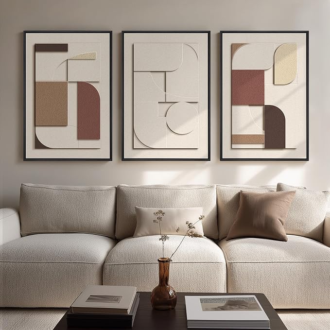Large 3D Textured Framed Neutral Abstract Wall Art, 3 Piece Modern Minimalist - Image 2