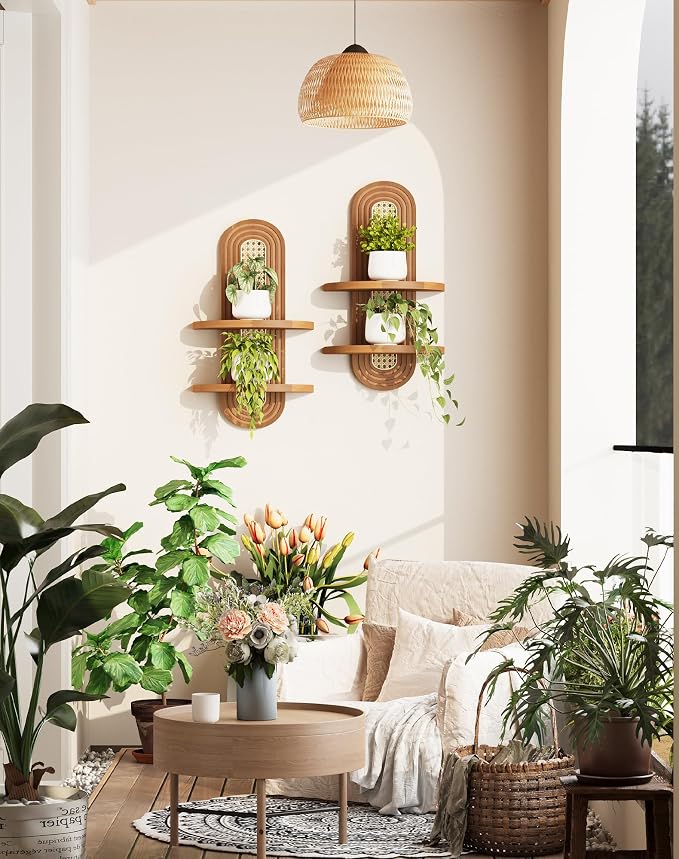Floating Shelves for Wall, Boho Home Wall Decor, 2-Tier Rattan Plant Shelf - Image 2