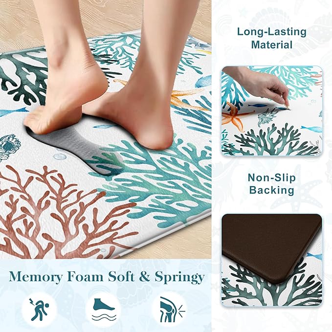 Kitchen Mats for Floor Cushioned Anti Fatigue Sets of 2 Coastal Kitchen Rugs Non Slip Waterproof Nautical Foam Kitchen Floor Rug Beach Theme Coral Fish Comfort Standing Mat for Sink Laundry, Teal