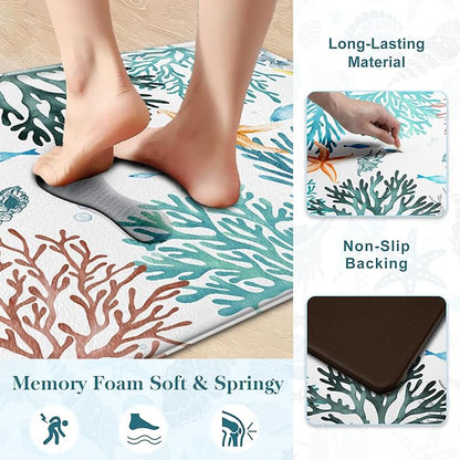 Kitchen Mats for Floor Cushioned Anti Fatigue Sets of 2 Coastal Kitchen Rugs Non Slip Waterproof Nautical Foam Kitchen Floor Rug Beach Theme Coral Fish Comfort Standing Mat for Sink Laundry, Teal