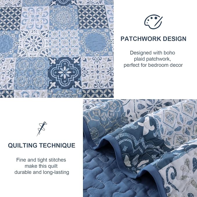 Quilt Set King Boho Plaid Patchwork Bedspreads Coverlet, Mineral Blue | 3Pcs - Image 5