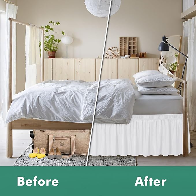 Biscaynebay Wrap Around Bed Skirts with Split Corners for King Beds 21" Drop, White Adjustable Elastic Dust Ruffles Easy Fit Wrinkle & Fade Resistant Silky Luxurious Fabric Machine Washable