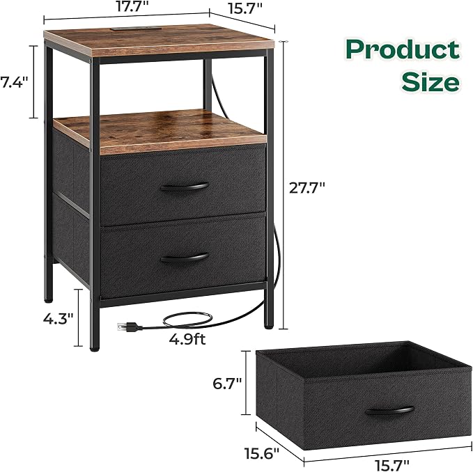 Huuger Night Stand with Charger Station, 27.7 Inch Tall Nightstand | Bed Side - Image 3