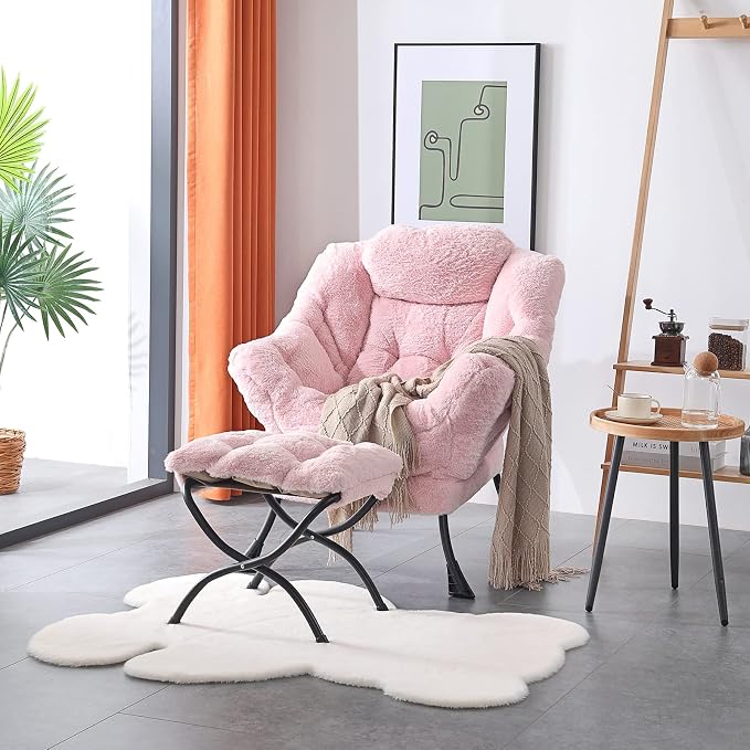 Lazy Chair with Ottoman, Comfy Accent Reading Chair, Plush Pink | Foldable - Image 4