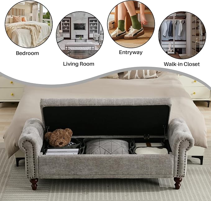 SOFTHION 58.1" Storage Bench for Bedroom, Chenille Upholstered, Light Grey | - Image 6