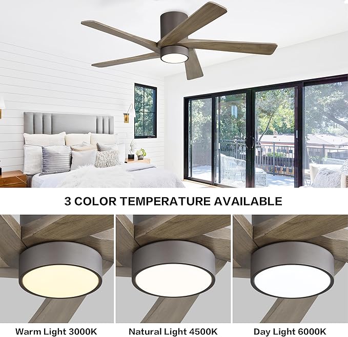 WINGBO 48 Inch Flush Mount DC Ceiling Fan with Lights and Remote, 5 Reversible Carved Wood Blades, 6-Speed Noiseless DC Motor, Hugger Ceiling Fan in Graphite Finish with Gray Blades, ETL Listed