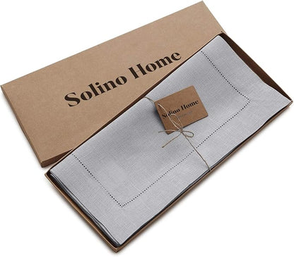 Solino Home Linen Soft Grey Table Runner 120 Inches Long - 100% Pure Linen Hemstitch 14 x 120 Inch Table Runner for Dining, Christmas, New Year - Classic Hemstitch