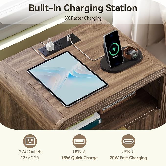 Decofy Fluted Nightstand with Charging Station, 19.7'' Wide Morden End Table - Image 3