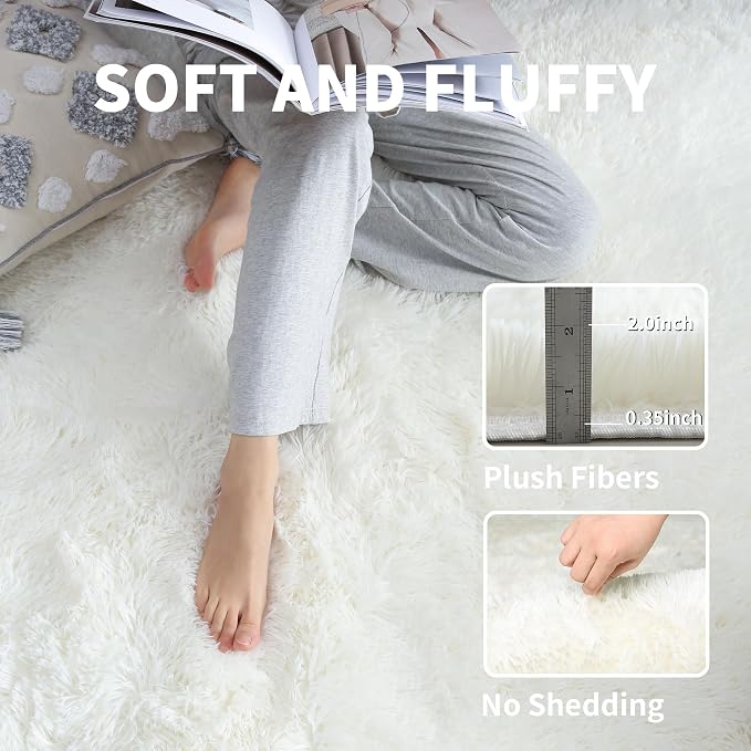 6x9 Cream White Shag Rug for Bedroom, Soft Plush Fluffy Carpet | Ivory Area Rug - Image 3