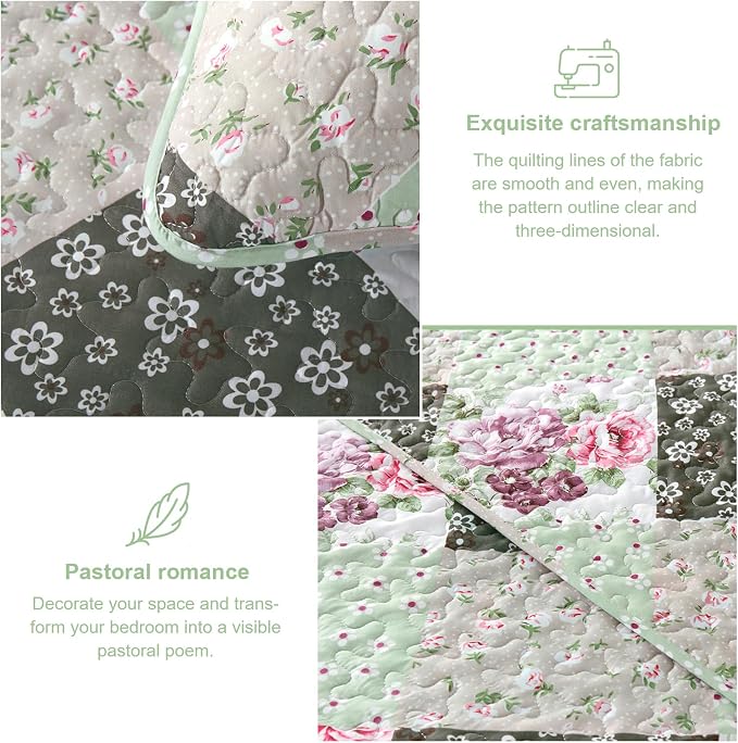 Dinjoy Boho Quilt Set Queen Size, Patchwork Floral Bedspreads, Reversible - Image 5