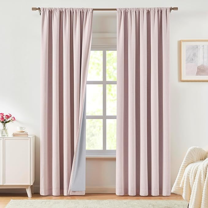 Vision Home Soft Pink Linen Full Blackout Curtains 120 inch for Bedroom Living Room Darkening Soundproof Window Panels Thermal Insulated Rod Pocket Back Tab Neutral Drapes 10FT 56" Wx120 Lx2