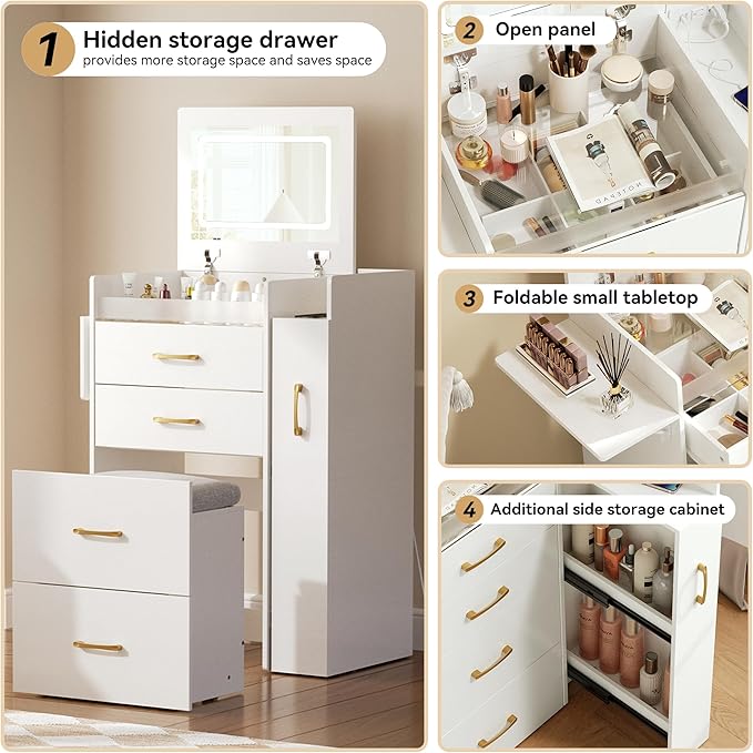 Small Vanity Desk,Compact Vanity Set with Power Outlet,3 in 1 Makeup Vanity with Lights with 3 Modes Lighting,Plip Mirror,Sliding Cabinet,Storage Stool,Dressing Table,White Vanity PT01DTM