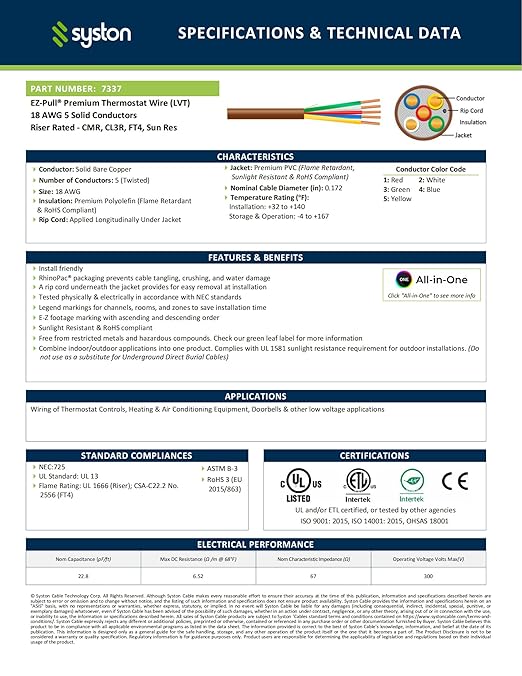 Syston 18/5 Thermostat Doorbell HVAC Heating Control Cable Wire, 18 AWG 5 Conductors 100% Solid Copper Conductors CL3R/FT4/CMR Riser-Rated, UV Resistant RoHS for Low Voltage Applications Use