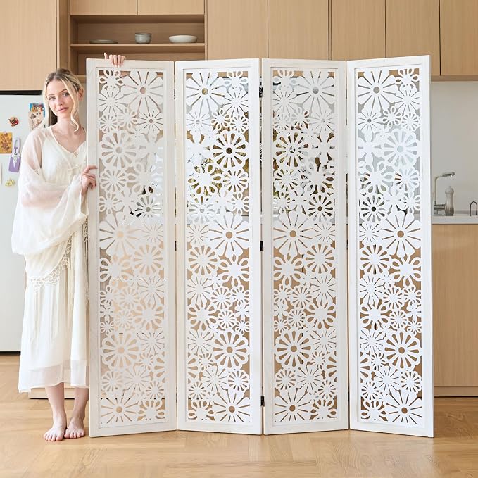 Folding Wood Room Divider Panel, 67 Inch Tall Daisy-Carved Privacy Screen - Image 7