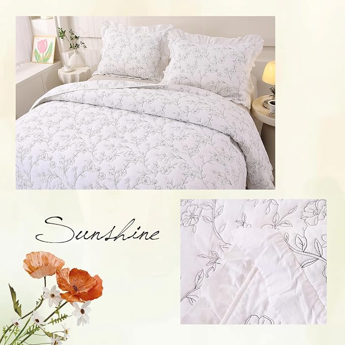 ROOMLIFE Quilt Set Full Size 3D Floral Embroidery Pattern 3-Piece Cotton - Image 7