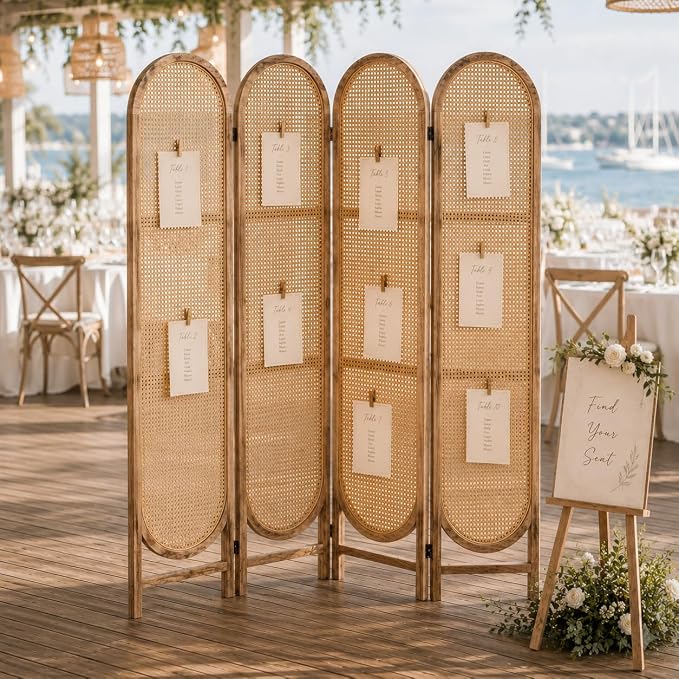4 Panel Rattan Room Divider, Folding Room Divider Screen, Natural | Pine Wood - Image 4