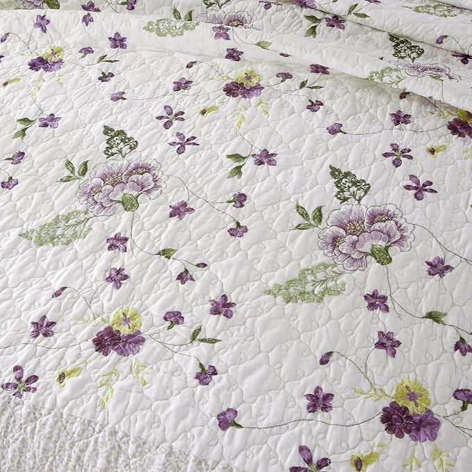 ROOMLIFE Quilt Set King Size 3D Floral Embroidery Pattern 3-Piece Cotton - Image 3
