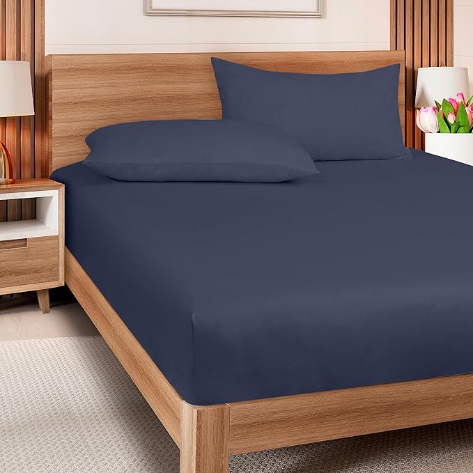 ROYALE LINENS 300 Thread Count 100% Long Staple Combed Cotton Fitted Sheet Twin XL - Super Soft Deep Pocket Bottom Sheet - Fitted Sheets Only - Elastic Sheets (Twin XL, Navy)