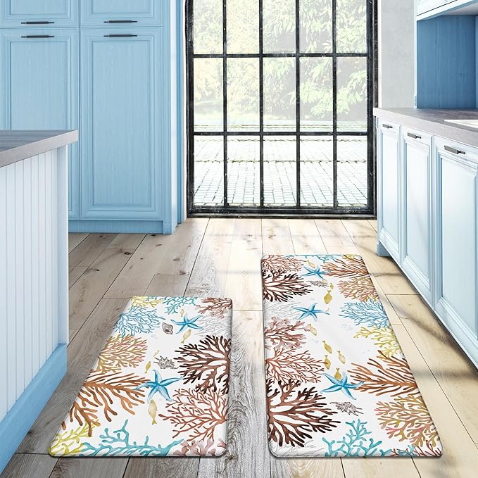Kitchen Mats for Floor Cushioned Anti Fatigue Sets of 2 Coastal Kitchen Rugs Non Slip Waterproof Nautical Foam Kitchen Floor Rug Beach Theme Coral Fish Comfort Standing Mat for Sink Laundry, Red